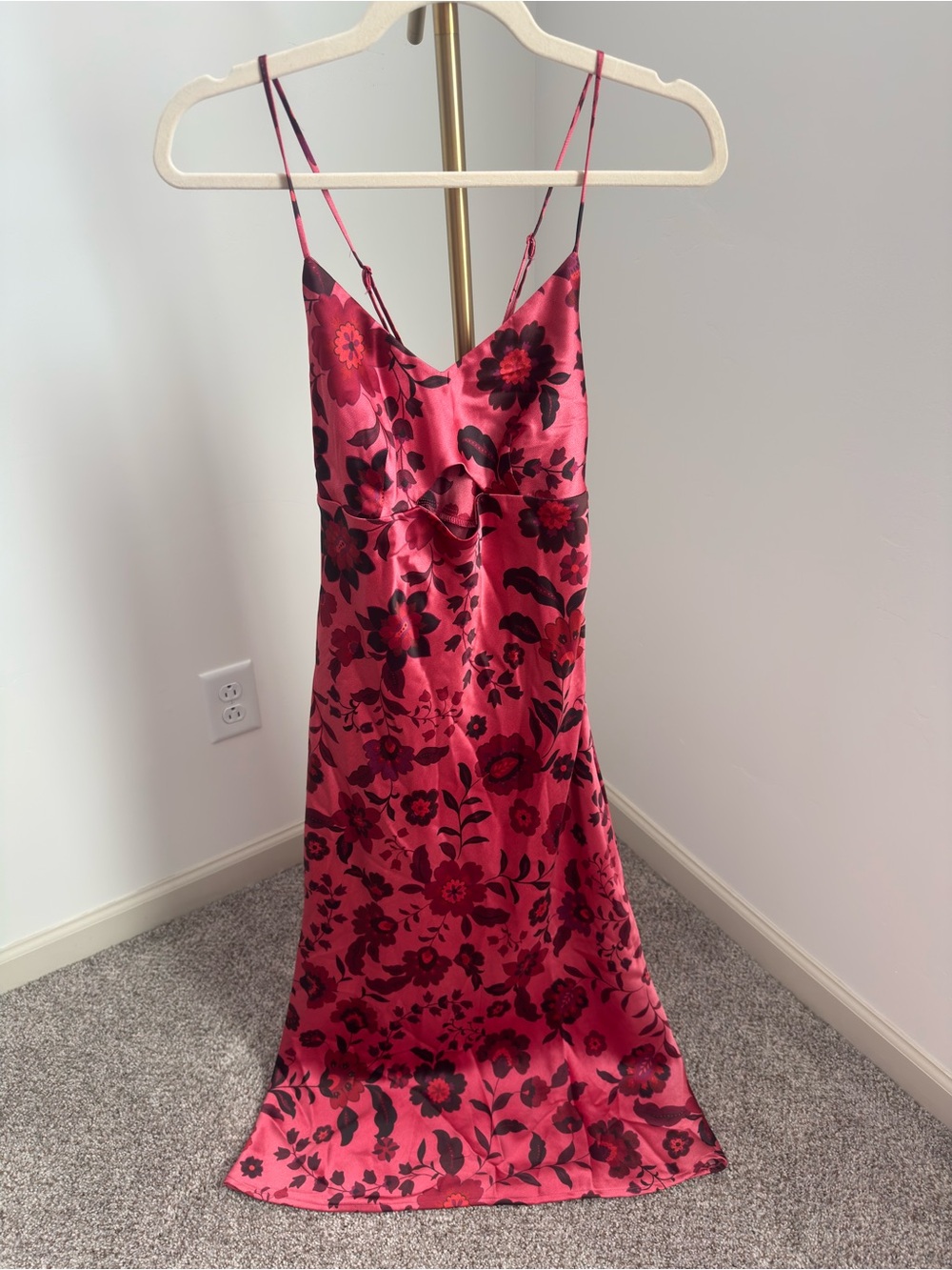 House of Harlow 1960 Berry Satin Slip Dress with Black Floral Print